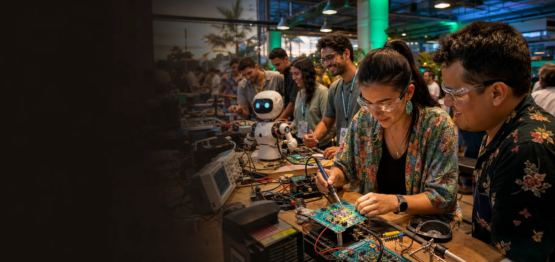 Comunidad maker soldando y probando proyectos electrónicos en un festival